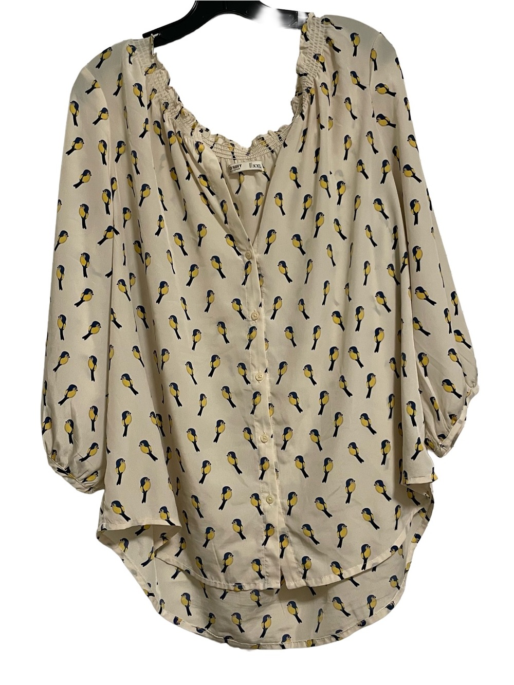 Old Navy Cream Blouse with Yellow & Navy Bird Print